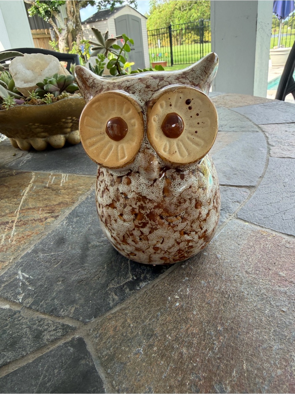 Glazed Ceramic Owl Figurine - Brown and Cream Decorative Accent